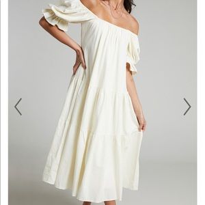Showpo Zaharrah Tiered Midi Dress in Cream Linen Look